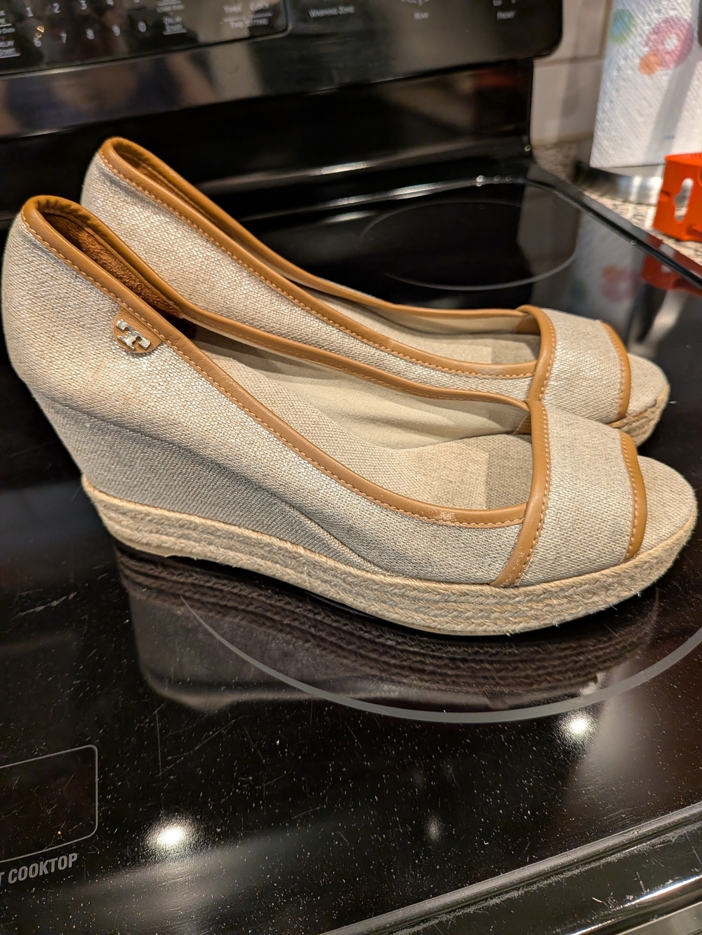 Tory Burch Size EU40 Beige Canvas Wedge Espadrilles with Tan Trim